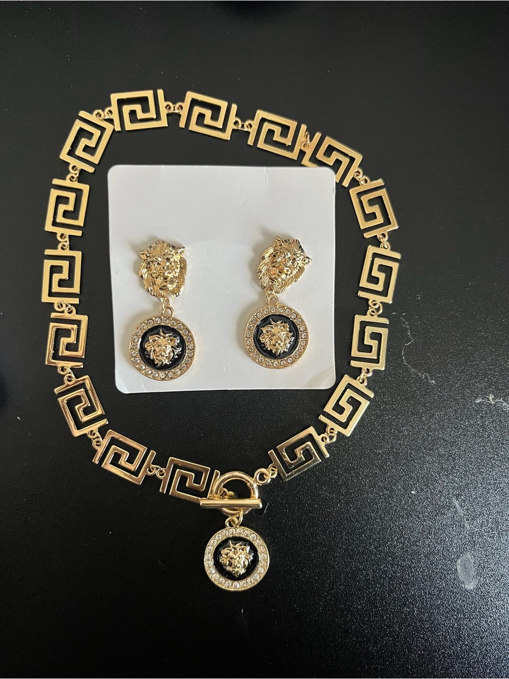 Gold Lion Medallion Necklace & Earrings Set - Black Enamel Accent
